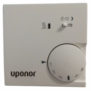 Termostaatti Uponor SPI Cosy kuvattuna edestäpäin. Analoginen termostaatti, jolal voidaan korvata vanhempi Uponor huonetermostaatti. Jännite 24V.