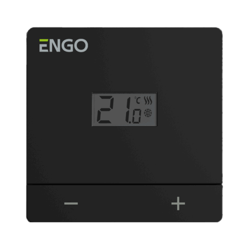 Huonetermostaatti ENGO Easy musta 24V on johdollinen, pinta-asennettava huonetermostaati , 24 V helppokäyttöinen ja edullinen huonetermostaatti.